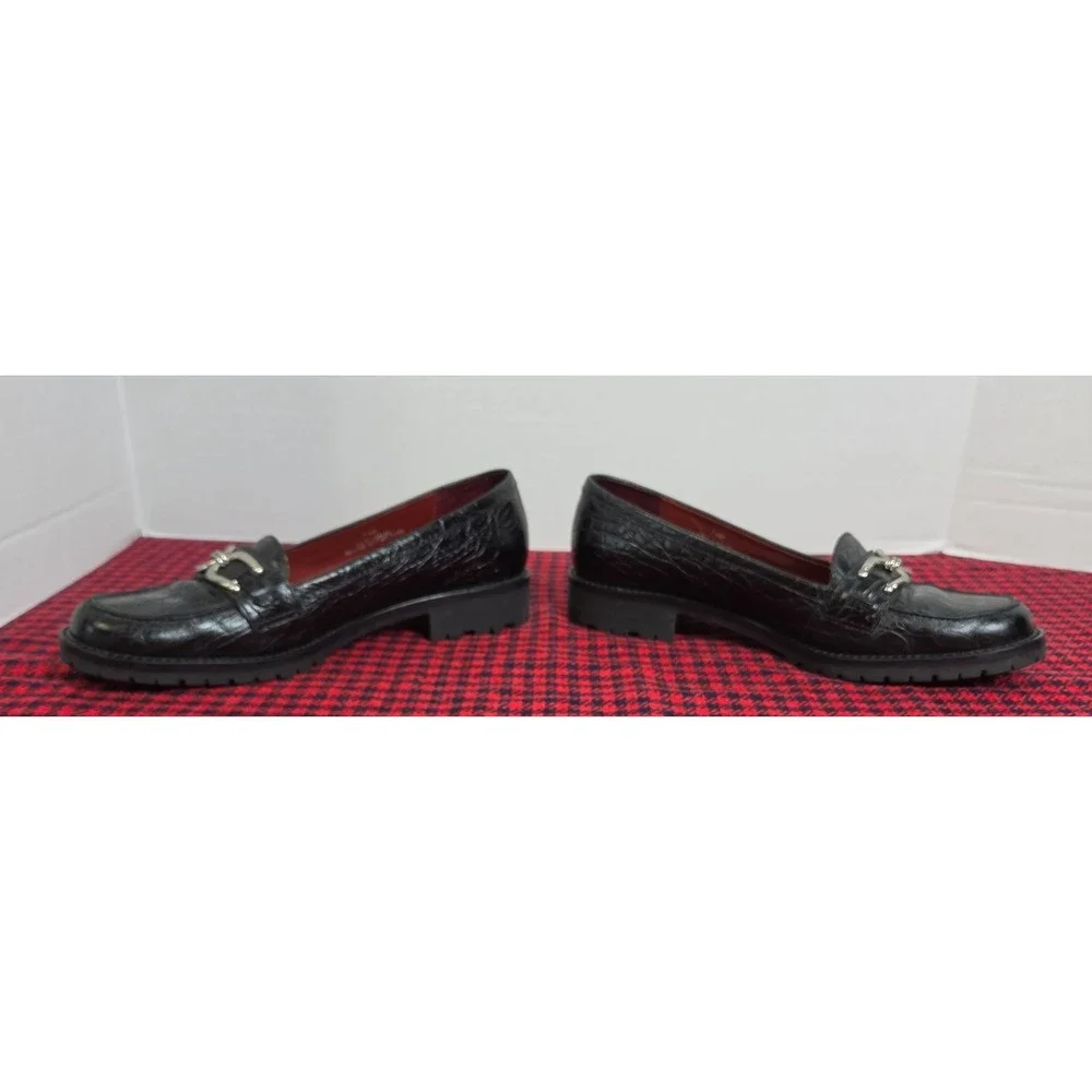 Talbots Croc Embossed Black leather Loafers w/ Metal Horsebit Buckle Wom 7.5B